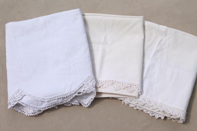 photo of lot all white cotton sheets & pillowcases, vintage bed linens, some trimmed w/ crochet #13