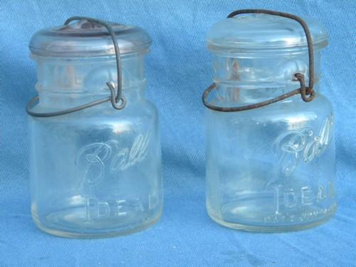 photo of lot antique 1 pint size Ball jars glass and wire lightning lids 1908 pat #1