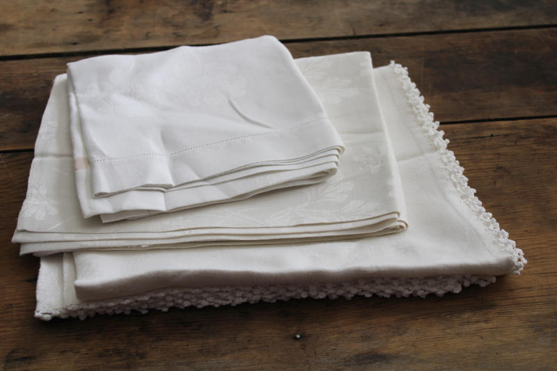 photo of lot antique and vintage cotton damask tablecloths, mended cutter fabric for upcycle #1