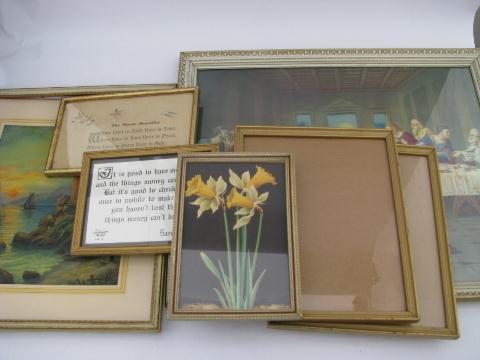 photo of lot antique and vintage wood picture frames, some old prints #1