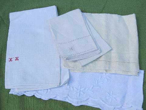 photo of lot antique cotton & homespun linen towels, embroidery, red monogram #2