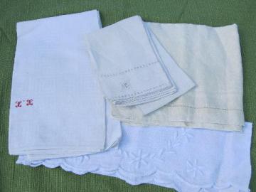 catalog photo of lot antique cotton & homespun linen towels, embroidery, red monogram