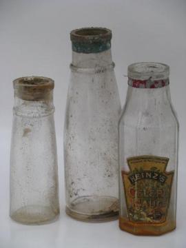 catalog photo of lot antique glass food jars and condiment bottles, old Heinz ketchup label