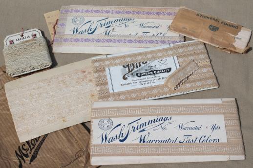 photo of lot antique sewing trims, lace & embroidered cotton ribbon insertions w/ original Victorian labels #1