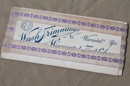 photo of lot antique sewing trims, lace & embroidered cotton ribbon insertions w/ original Victorian labels #15