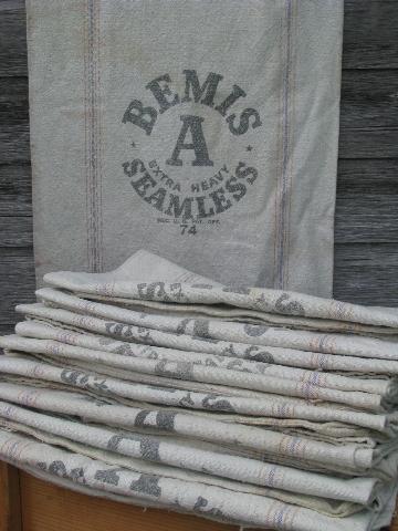 photo of lot antique striped heavy cotton feed sacks grain bags, vintage farm primitive fabric #1