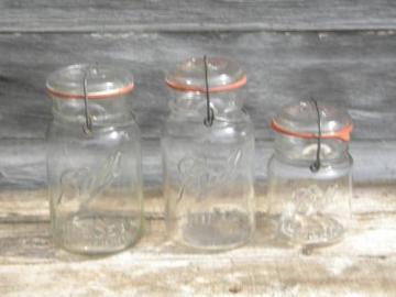 catalog photo of lot antique vintage Ball mason storage jars w/lightening lids 1 qt and 1 pt