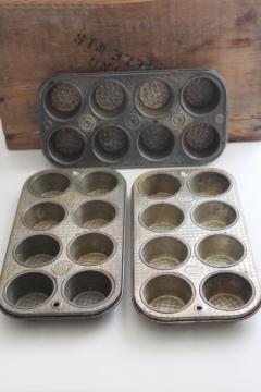 catalog photo of lot antique & vintage baking pans, waffle texture muffin pans, Ovenex bakeware