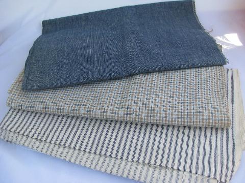 photo of lot antique vintage cotton fabric, work shirting, indigo chambray, heavy ticking #1