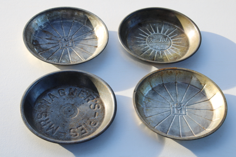 photo of lot antique vintage embossed metal pie pans, old advertising Sunkist Pies, Mrs Wagners, LJH #1