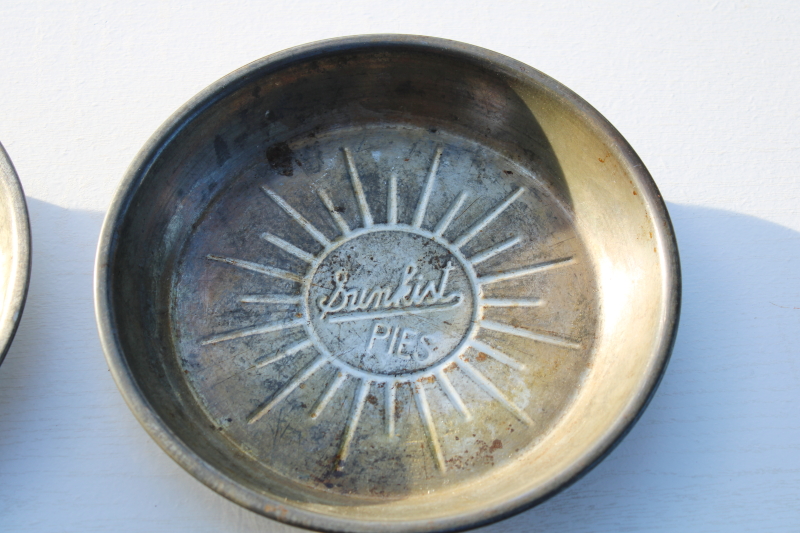 photo of lot antique vintage embossed metal pie pans, old advertising Sunkist Pies, Mrs Wagners, LJH #2