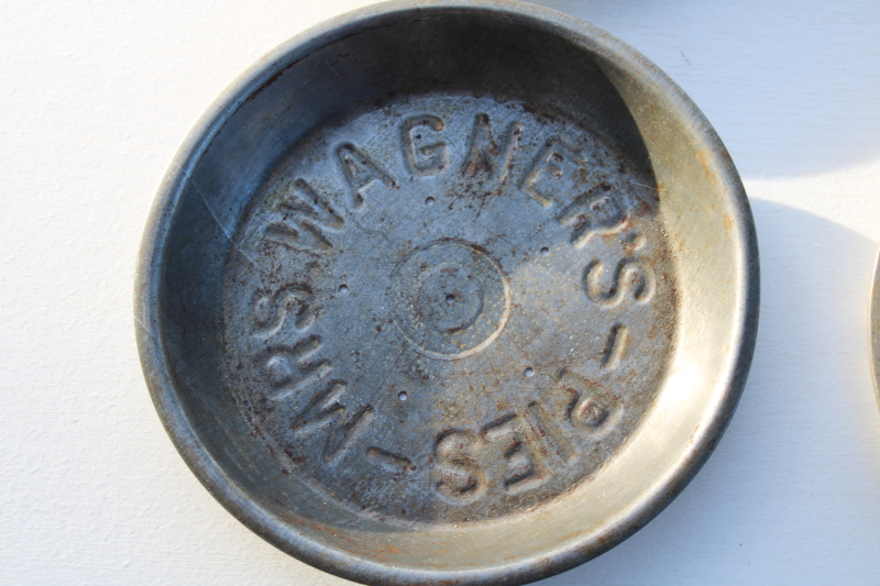 photo of lot antique vintage embossed metal pie pans, old advertising Sunkist Pies, Mrs Wagners, LJH #5