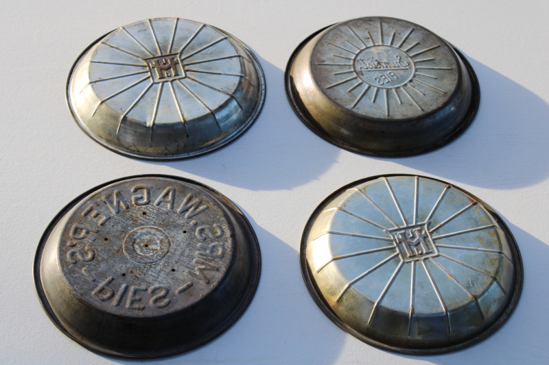 photo of lot antique vintage embossed metal pie pans, old advertising Sunkist Pies, Mrs Wagners, LJH #6