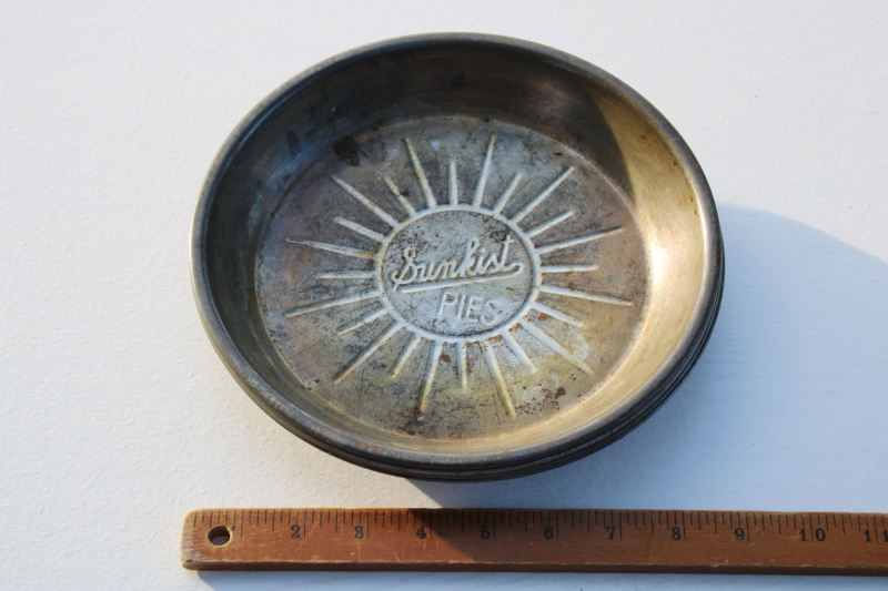 photo of lot antique vintage embossed metal pie pans, old advertising Sunkist Pies, Mrs Wagners, LJH #7