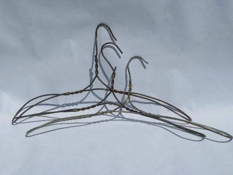 photo of lot antique vintage heavy wire clothes / coat hangers, folding hanger #4