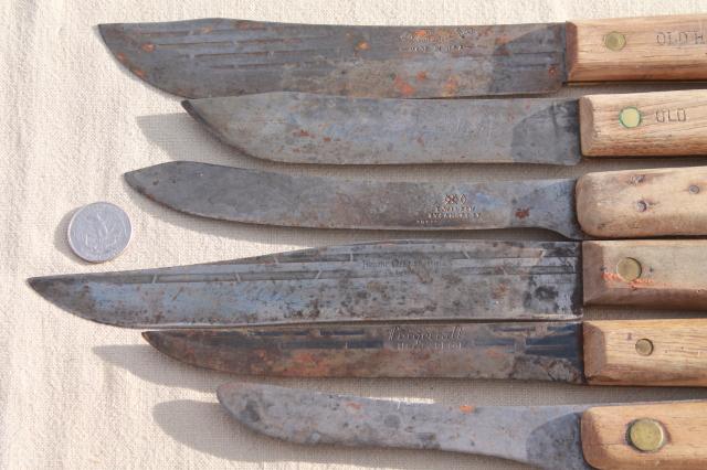 photo of lot antique & vintage high carbon steel kitchen butcher knives w/ nice old marked blades #6