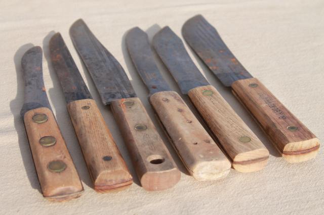 photo of lot antique & vintage high carbon steel kitchen butcher knives w/ nice old marked blades #7