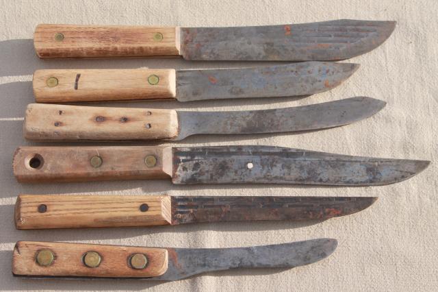 photo of lot antique & vintage high carbon steel kitchen butcher knives w/ nice old marked blades #8