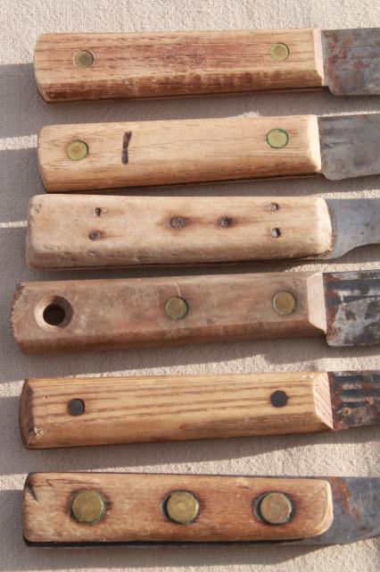 photo of lot antique & vintage high carbon steel kitchen butcher knives w/ nice old marked blades #9