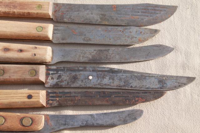 photo of lot antique & vintage high carbon steel kitchen butcher knives w/ nice old marked blades #10