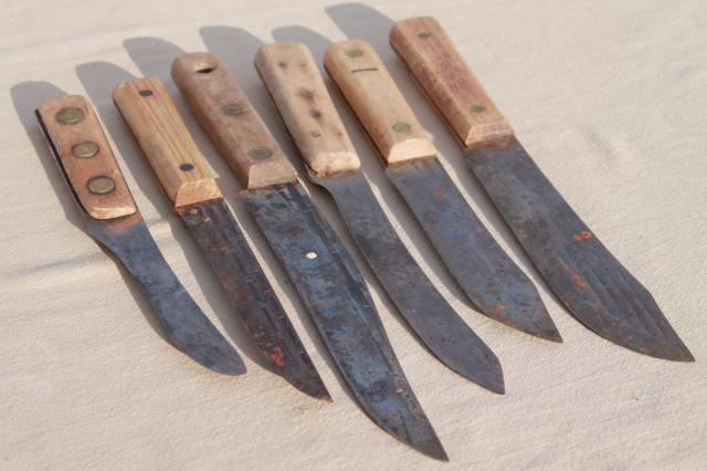 photo of lot antique & vintage high carbon steel kitchen butcher knives w/ nice old marked blades #11