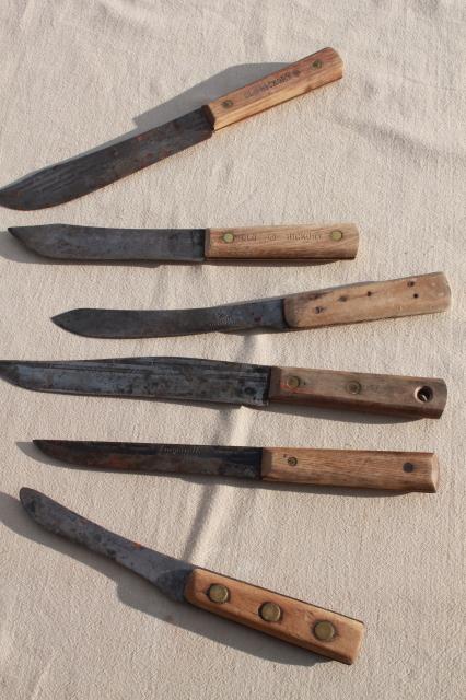 photo of lot antique & vintage high carbon steel kitchen butcher knives w/ nice old marked blades #12