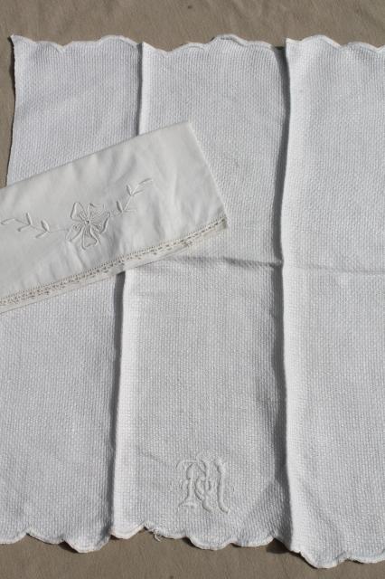 photo of lot antique vintage linen & cotton towels w/ white work embroidery, crochet lace edgings #3