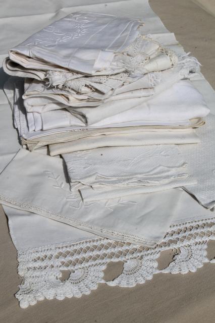 photo of lot antique vintage linen & cotton towels w/ white work embroidery, crochet lace edgings #8