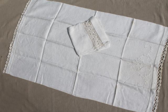 photo of lot antique vintage linen & cotton towels w/ white work embroidery, crochet lace edgings #14