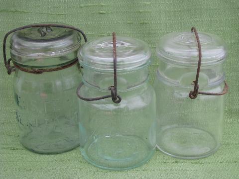 photo of lot antique vintage pint canning jars, glass lightning lids w/ wire bails #1