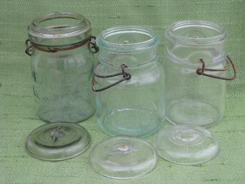 photo of lot antique vintage pint canning jars, glass lightning lids w/ wire bails #2