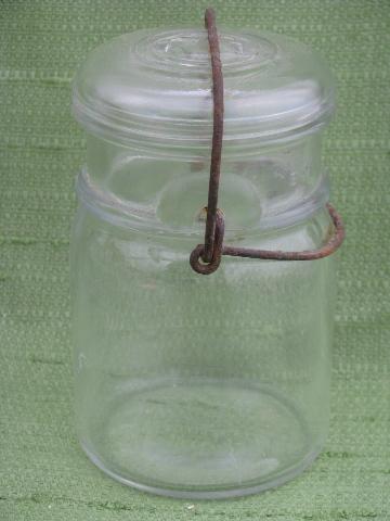 photo of lot antique vintage pint canning jars, glass lightning lids w/ wire bails #3