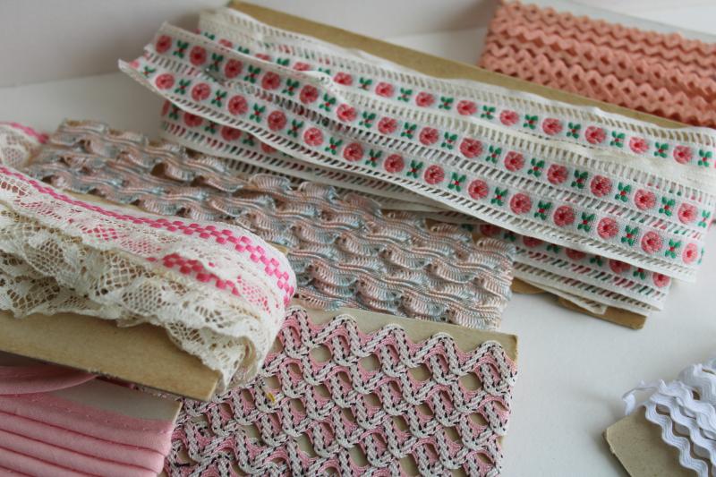 photo of lot antique & vintage sewing trim, pink & blue braid, edgings, embroidered trims #5