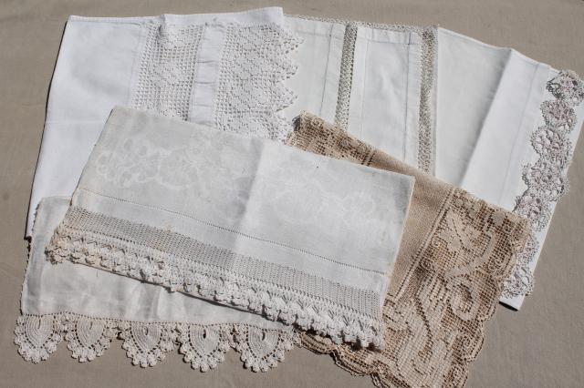 photo of lot antique vintage table runners or towels w/ lace, tatting, crochet edgings #1