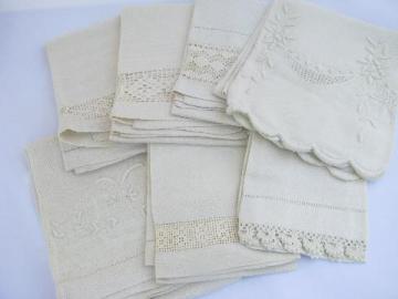 catalog photo of lot antique whitework linen damask & cotton towels, crochet & tatting lace