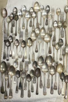 catalog photo of lot assorted antique silverware, fiddle back plain early flatware, 1800s vintage