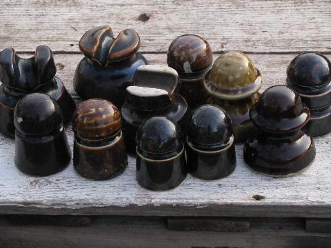 photo of lot assorted old antique brown glazed ceramic telegraph wire insulators #1