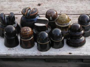 catalog photo of lot assorted old antique brown glazed ceramic telegraph wire insulators