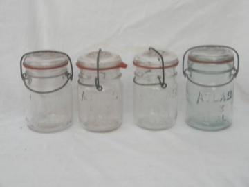 catalog photo of lot assorted vintage 1 pint mason jars w/glass and wire bail lightning lids