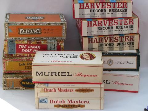 photo of lot assorted vintage cigar boxes w/ old paper advertising labels #1