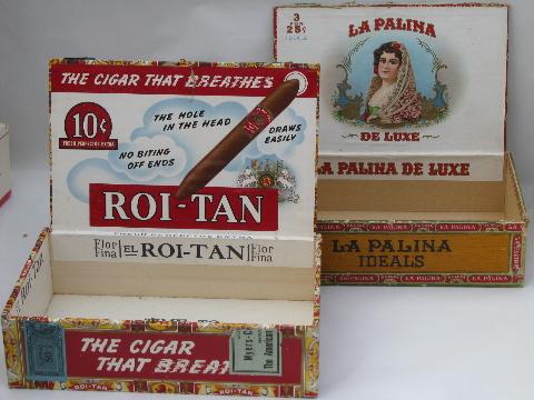 photo of lot assorted vintage cigar boxes w/ old paper advertising labels #4