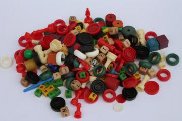 catalog photo of lot assorted vintage game parts - playing pieces, tiles, dice, chips & counters