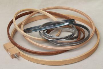 catalog photo of lot assorted vintage wood & metal embroidery / quilting hoops for hooped needlework frames