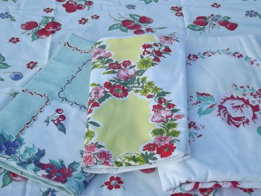 photo of lot authentic vintage cotton kitchen tablecloths, fruit and flower prints #1