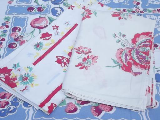 photo of lot authentic vintage cotton kitchen tablecloths, fruit and flower prints #1