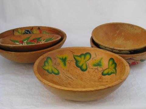 photo of lot big shabby vintage wood bowls, old hand-painted flowers, fruit #1