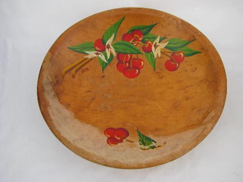 photo of lot big shabby vintage wood bowls, old hand-painted flowers, fruit #3