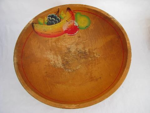 photo of lot big shabby vintage wood bowls, old hand-painted flowers, fruit #4