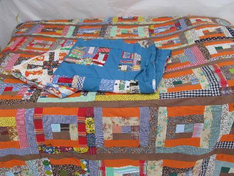 photo of lot bright colors patchwork quilt tops, vintage 1950s-60s cotton prints #1