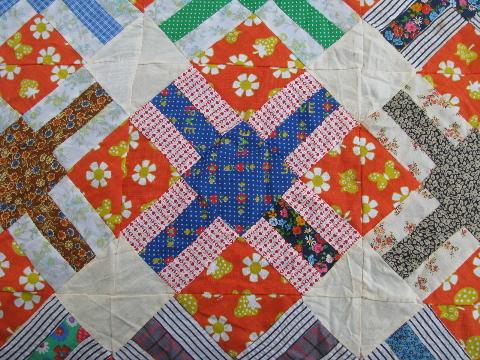 photo of lot bright colors patchwork quilt tops, vintage 1950s-60s cotton prints #2